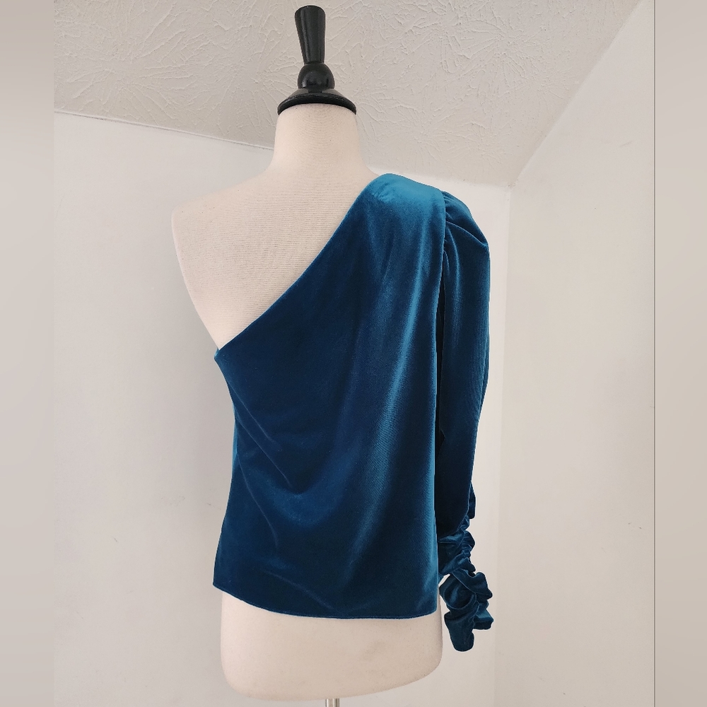 ML Monique Lhuillier One Shoulder Velvet Top Ruched Sleeve Blue Size S - Picture 8 of 15
